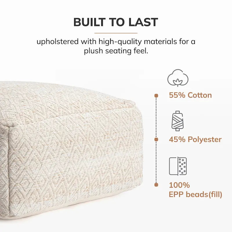 Pouf ottoman carré surdimensionné beige Jani Willamette 34 pouces - Repose-pieds élégant pour salon, chambre