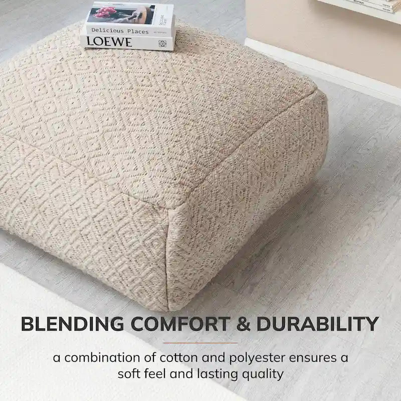 Pouf ottoman carré surdimensionné beige Jani Willamette 34 pouces - Repose-pieds élégant pour salon, chambre