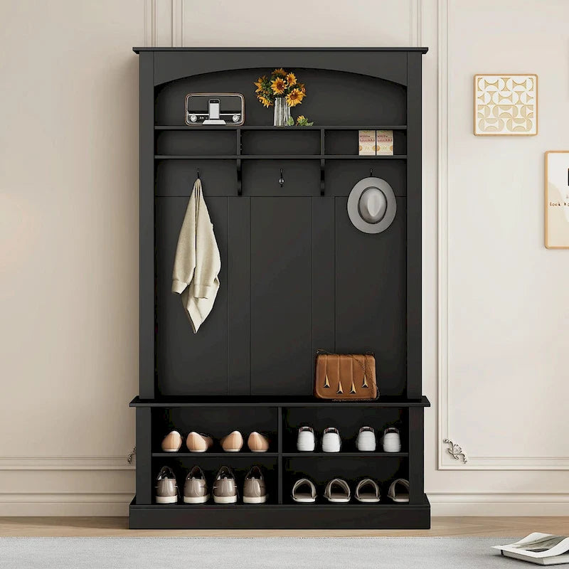 47.2 Wide Hall Tree with Bench and Shoe Storage: Multi-functional with 3 Hooks, Open Storage, Rectangle Shelves
