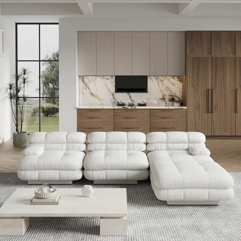 Canapé d'angle moderne en velours peluche, canapé modulable minimaliste en forme de L