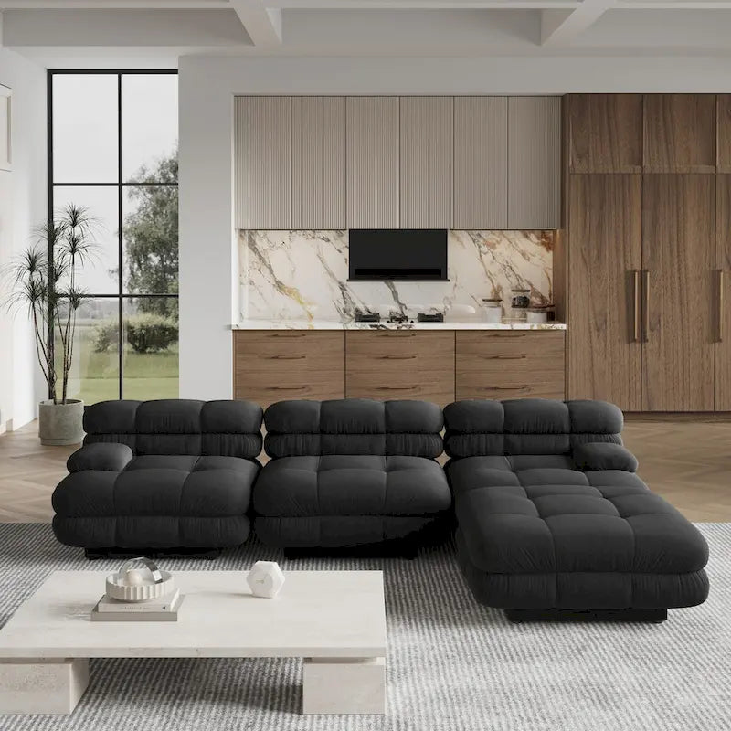 Canapé d'angle moderne en velours peluche, canapé modulable minimaliste en forme de L