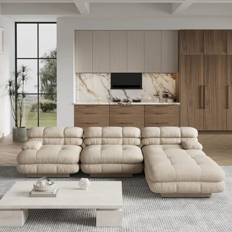 Canapé d'angle moderne en velours peluche, canapé modulable minimaliste en forme de L