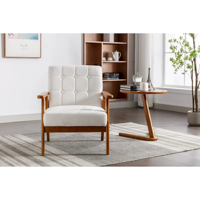 Fauteuil de détente avec accoudoirs et pieds en bois massif, idéal pour le salon, la chambre ou un studio.