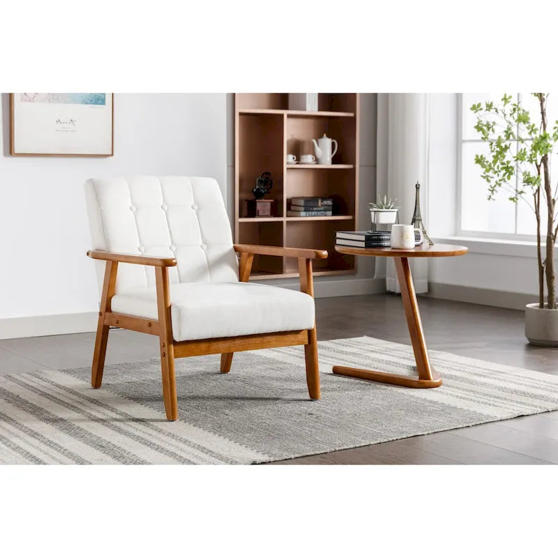 Fauteuil de détente avec accoudoirs et pieds en bois massif, idéal pour le salon, la chambre ou un studio.