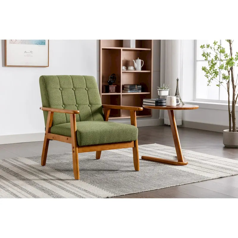Fauteuil de détente avec accoudoirs et pieds en bois massif, idéal pour le salon, la chambre ou un studio.