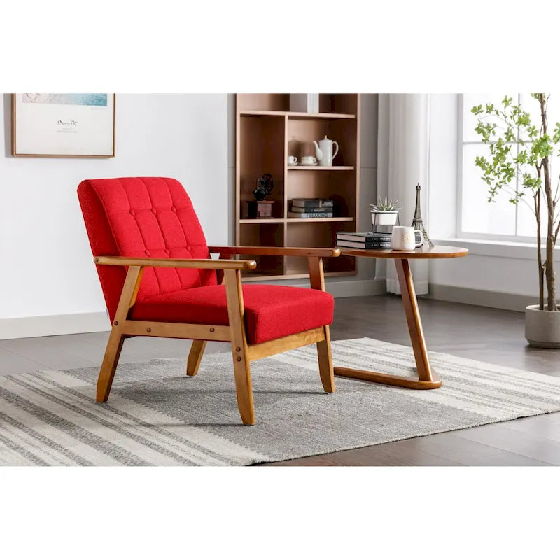 Fauteuil de détente avec accoudoirs et pieds en bois massif, idéal pour le salon, la chambre ou un studio.