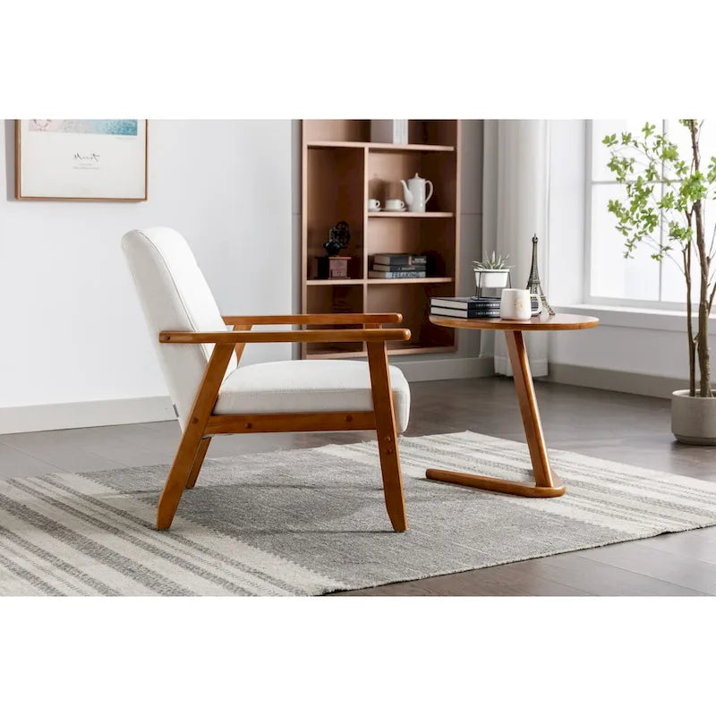 Fauteuil de détente avec accoudoirs et pieds en bois massif, idéal pour le salon, la chambre ou un studio.