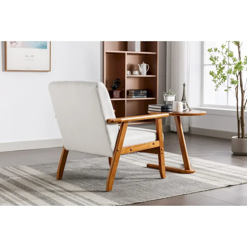 Fauteuil de détente avec accoudoirs et pieds en bois massif, idéal pour le salon, la chambre ou un studio.