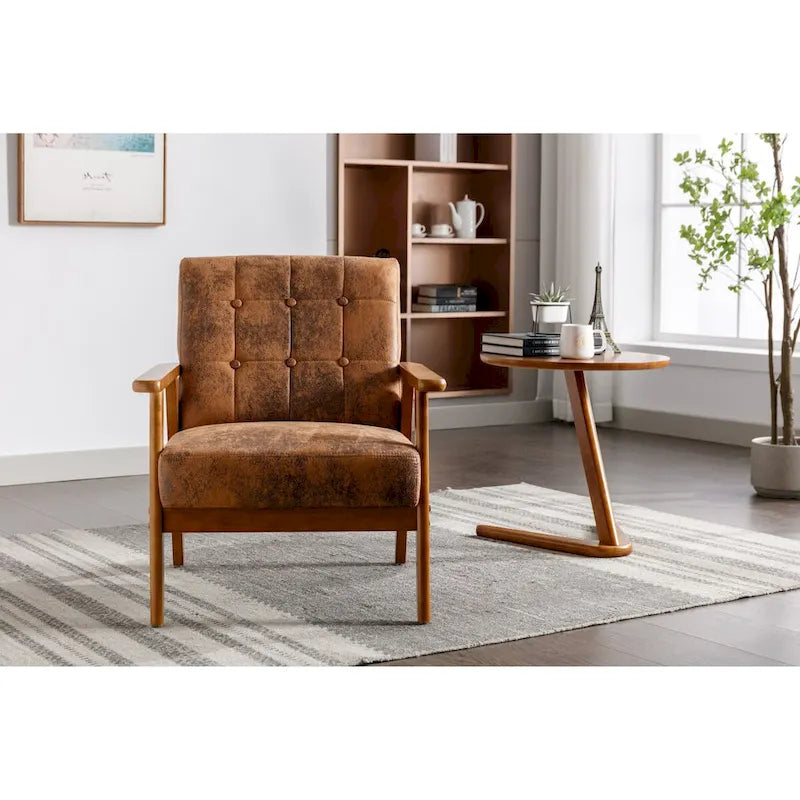 Fauteuil de détente avec accoudoirs et pieds en bois massif, idéal pour le salon, la chambre ou un studio.