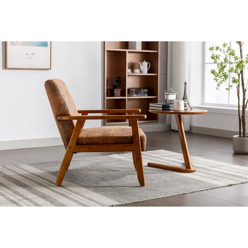 Fauteuil de détente avec accoudoirs et pieds en bois massif, idéal pour le salon, la chambre ou un studio.