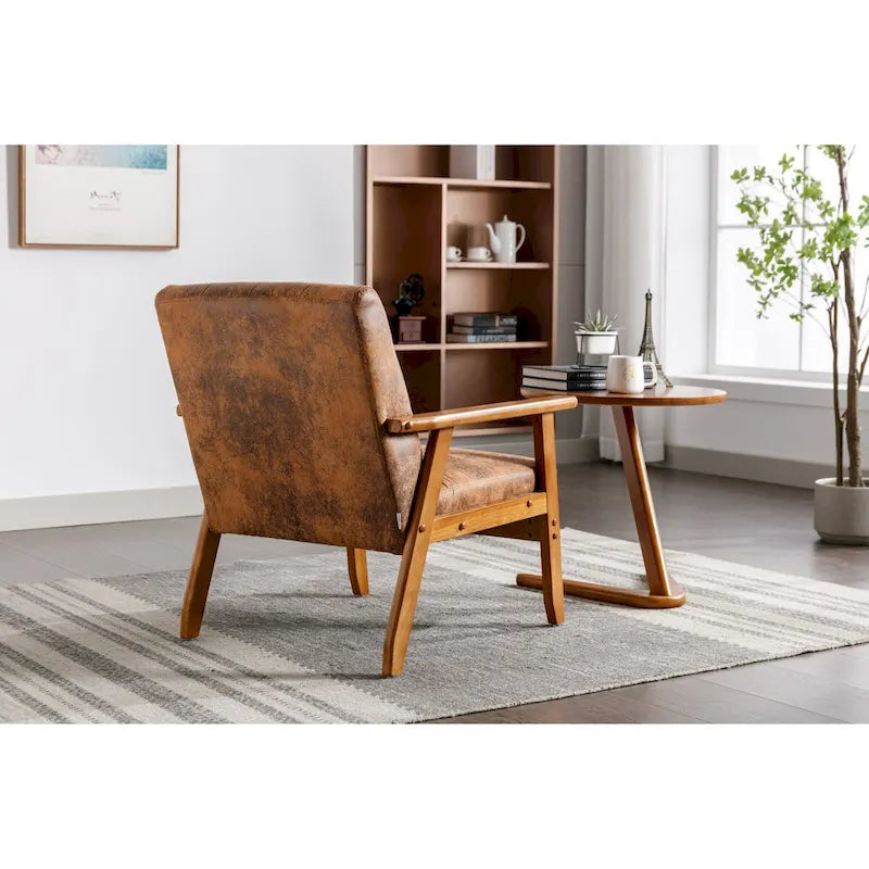 Fauteuil de détente avec accoudoirs et pieds en bois massif, idéal pour le salon, la chambre ou un studio.