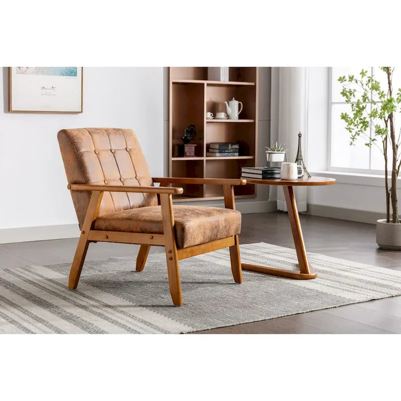 Fauteuil de détente avec accoudoirs et pieds en bois massif, idéal pour le salon, la chambre ou un studio.