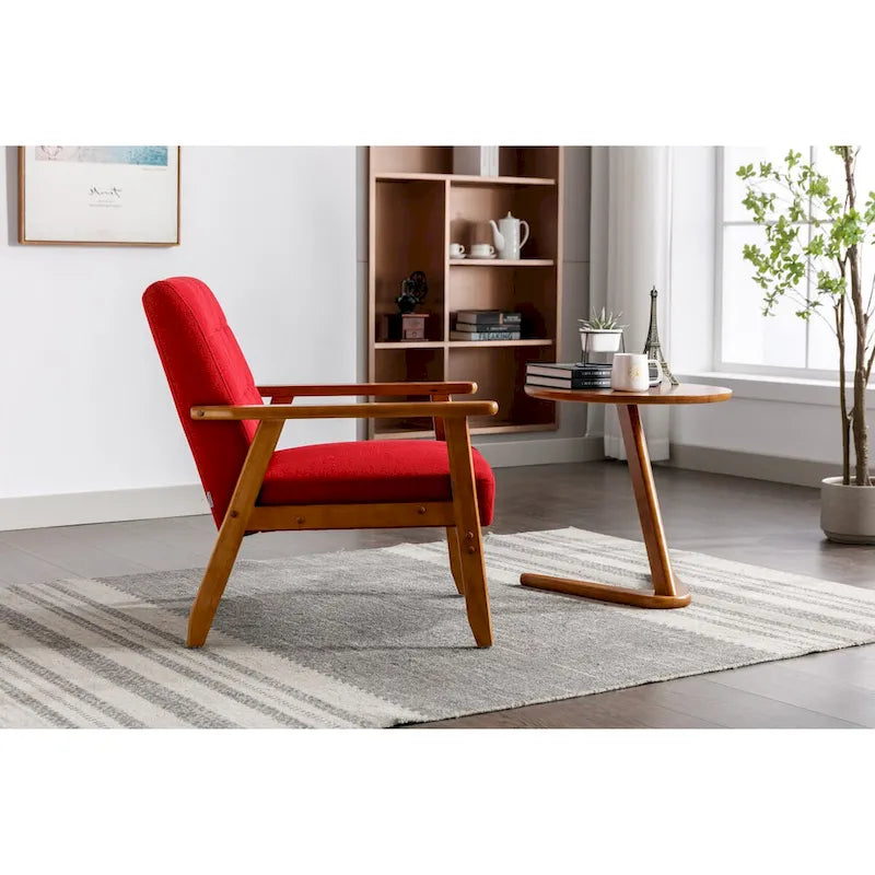 Fauteuil de détente avec accoudoirs et pieds en bois massif, idéal pour le salon, la chambre ou un studio.