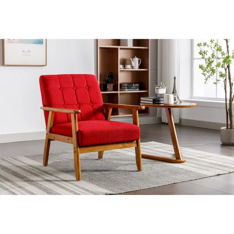 Fauteuil de détente avec accoudoirs et pieds en bois massif, idéal pour le salon, la chambre ou un studio.