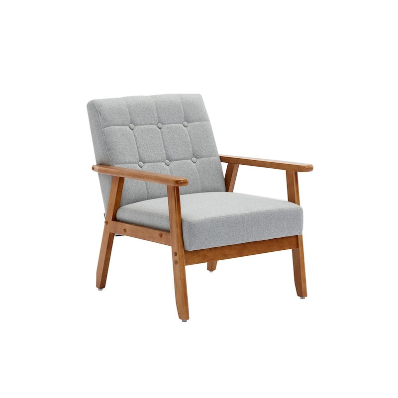 Fauteuil de détente avec accoudoirs et pieds en bois massif, idéal pour le salon, la chambre ou un studio.