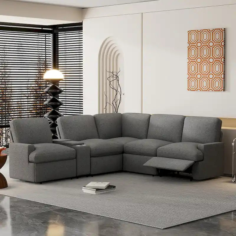 Canapé d'angle inclinable électrique 104 avec coffre de rangement, porte-gobelets, ports USB et prise électrique, idéal pour le home cinéma.
