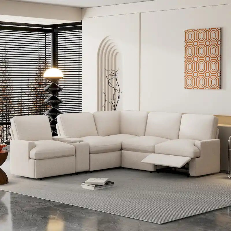 Canapé d'angle inclinable électrique 104 avec coffre de rangement, porte-gobelets, ports USB et prise électrique, idéal pour le home cinéma.