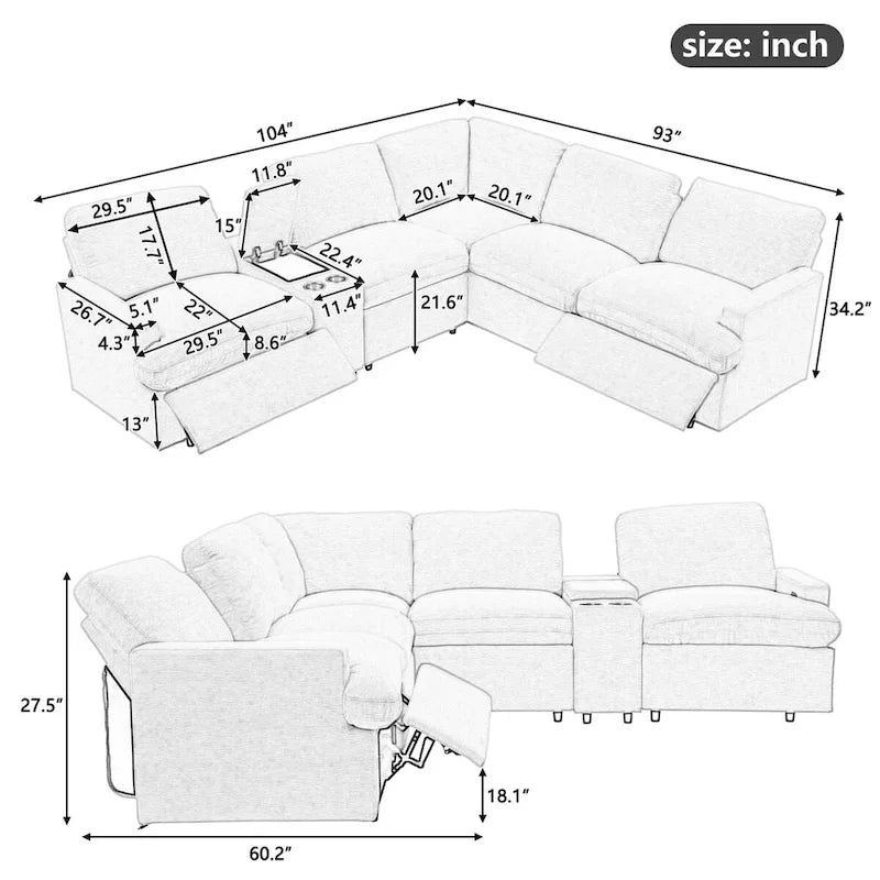 Canapé d'angle inclinable électrique 104 avec coffre de rangement, porte-gobelets, ports USB et prise électrique, idéal pour le home cinéma.