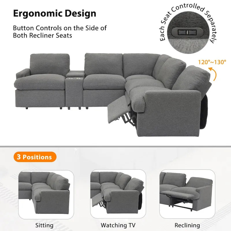 Canapé d'angle inclinable électrique 104 avec coffre de rangement, porte-gobelets, ports USB et prise électrique, idéal pour le home cinéma.