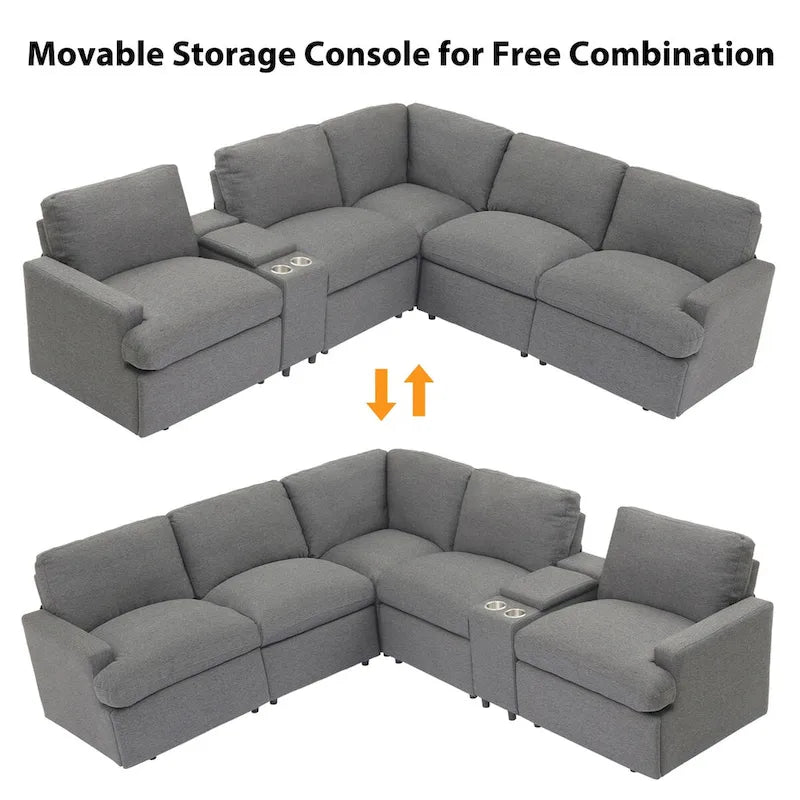 Canapé d'angle inclinable électrique 104 avec coffre de rangement, porte-gobelets, ports USB et prise électrique, idéal pour le home cinéma.