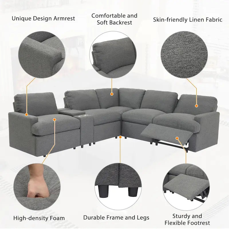 Canapé d'angle inclinable électrique 104 avec coffre de rangement, porte-gobelets, ports USB et prise électrique, idéal pour le home cinéma.