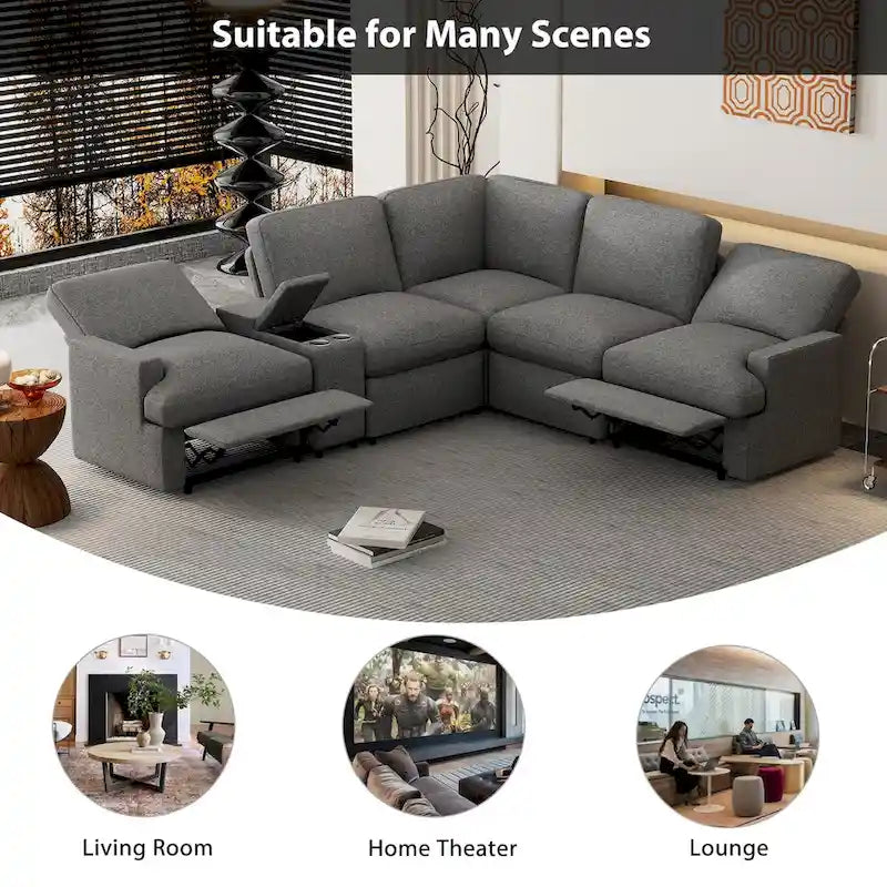 Canapé d'angle inclinable électrique 104 avec coffre de rangement, porte-gobelets, ports USB et prise électrique, idéal pour le home cinéma.