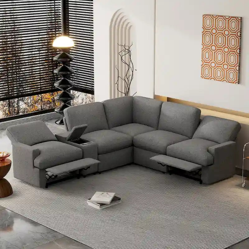 Canapé d'angle inclinable électrique 104 avec coffre de rangement, porte-gobelets, ports USB et prise électrique, idéal pour le home cinéma.