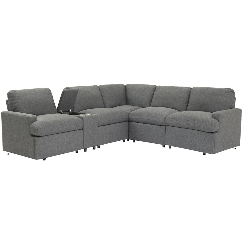 Canapé d'angle inclinable électrique 104 avec coffre de rangement, porte-gobelets, ports USB et prise électrique, idéal pour le home cinéma.