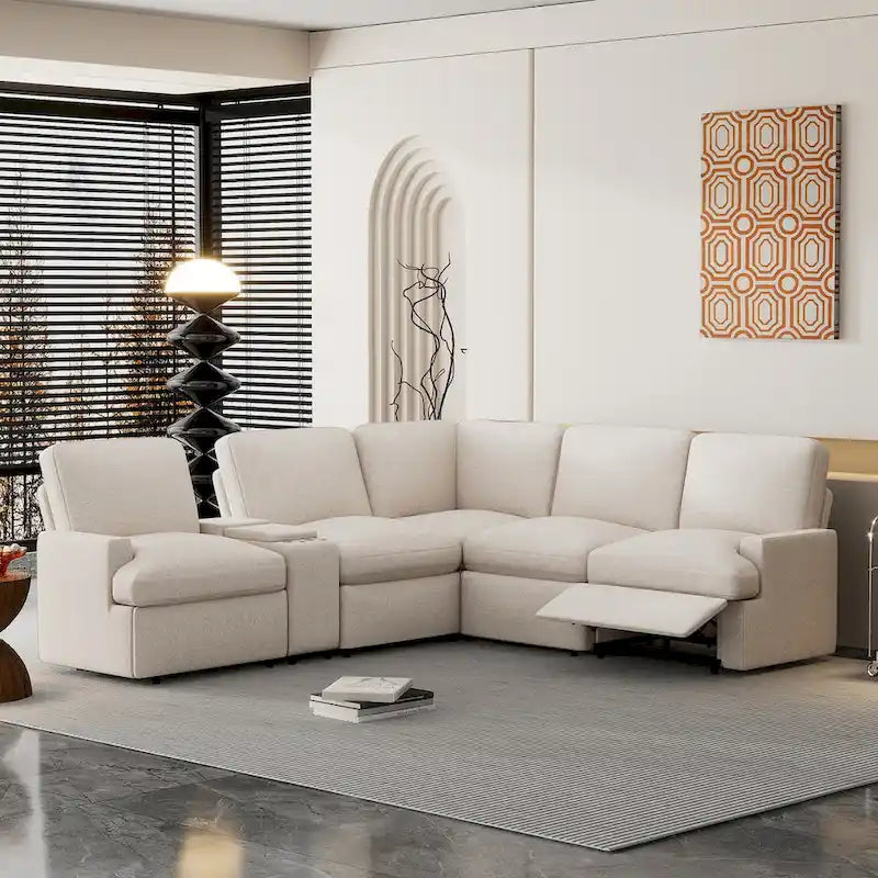 Canapé d'angle inclinable électrique 104 avec coffre de rangement, porte-gobelets, ports USB et prise électrique, idéal pour le home cinéma.