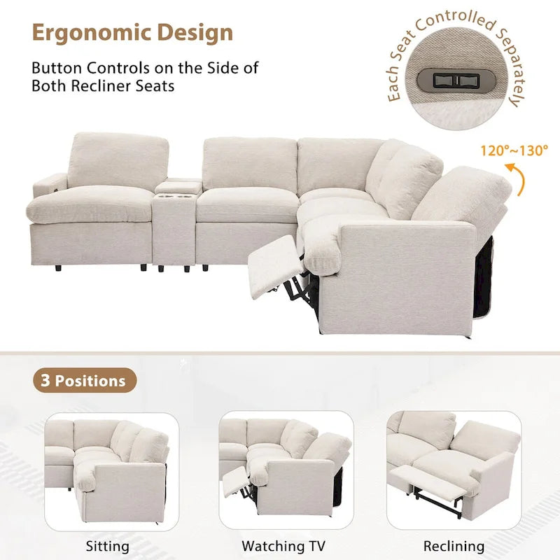 Canapé d'angle inclinable électrique 104 avec coffre de rangement, porte-gobelets, ports USB et prise électrique, idéal pour le home cinéma.