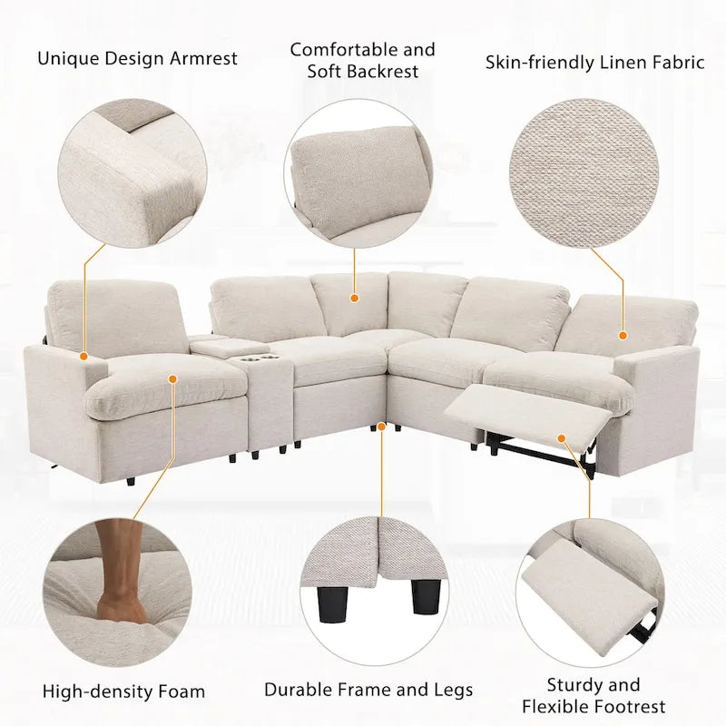 Canapé d'angle inclinable électrique 104 avec coffre de rangement, porte-gobelets, ports USB et prise électrique, idéal pour le home cinéma.