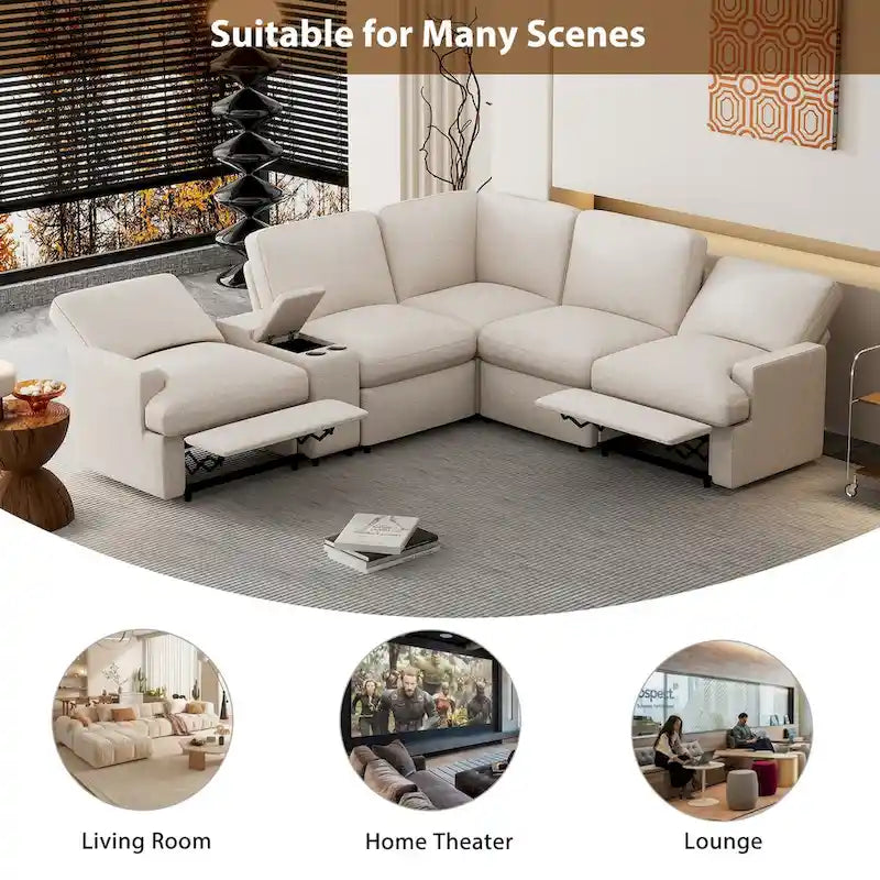 Canapé d'angle inclinable électrique 104 avec coffre de rangement, porte-gobelets, ports USB et prise électrique, idéal pour le home cinéma.