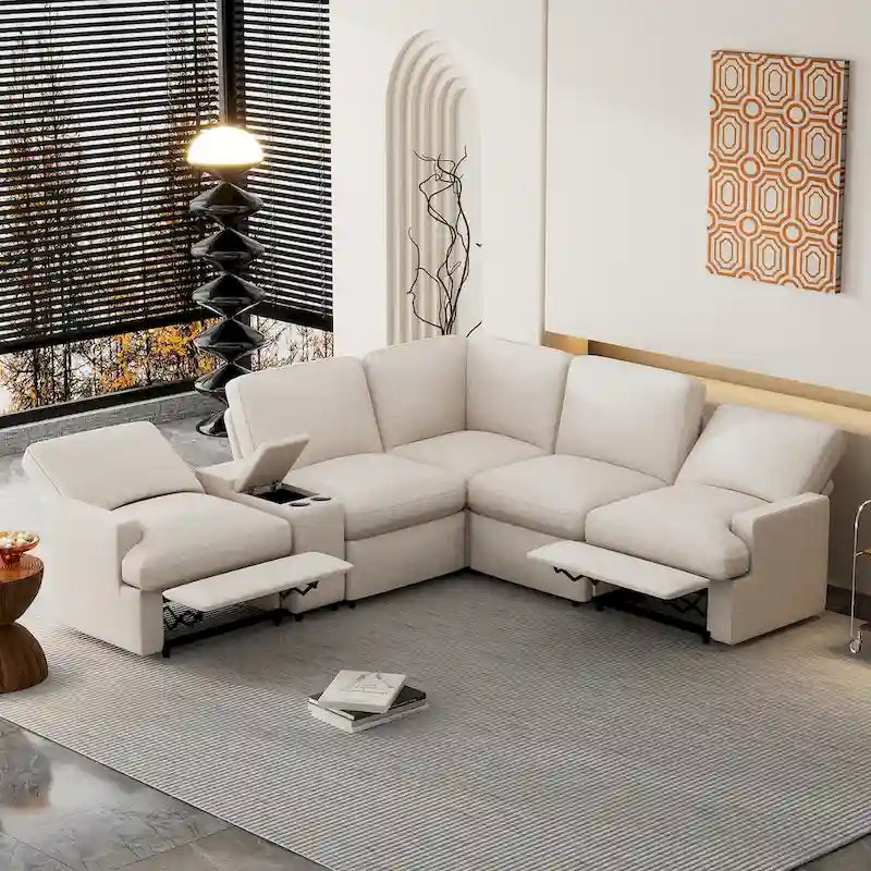 Canapé d'angle inclinable électrique 104 avec coffre de rangement, porte-gobelets, ports USB et prise électrique, idéal pour le home cinéma.
