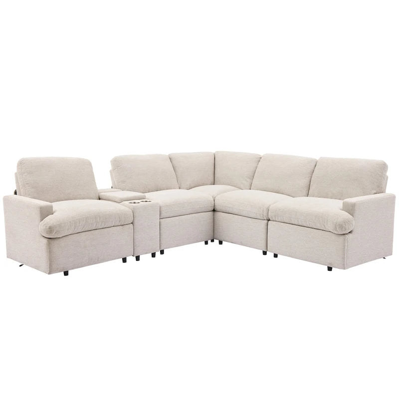 Canapé d'angle inclinable électrique 104 avec coffre de rangement, porte-gobelets, ports USB et prise électrique, idéal pour le home cinéma.