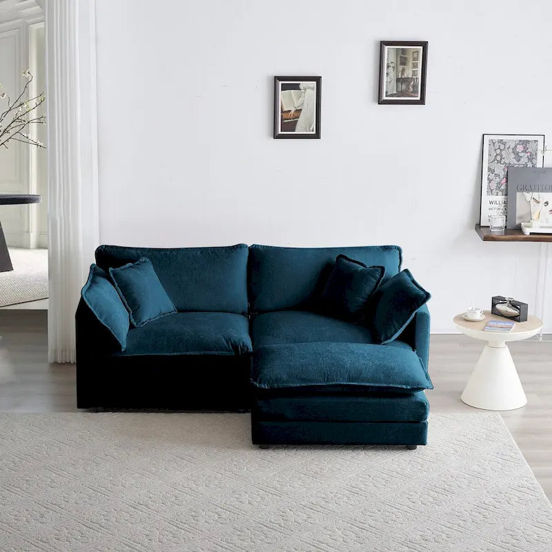 Canapé d'angle deux places en chenille bleue avec pouf, causeuse modulable pour petits espaces de vie