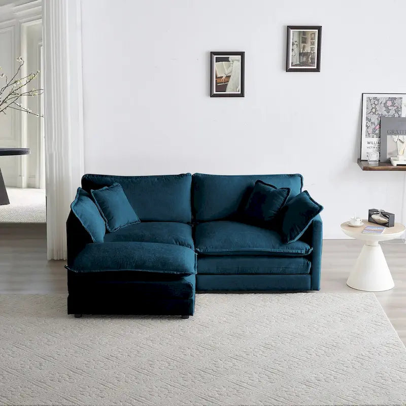 Canapé d'angle deux places en chenille bleue avec pouf, causeuse modulable pour petits espaces de vie