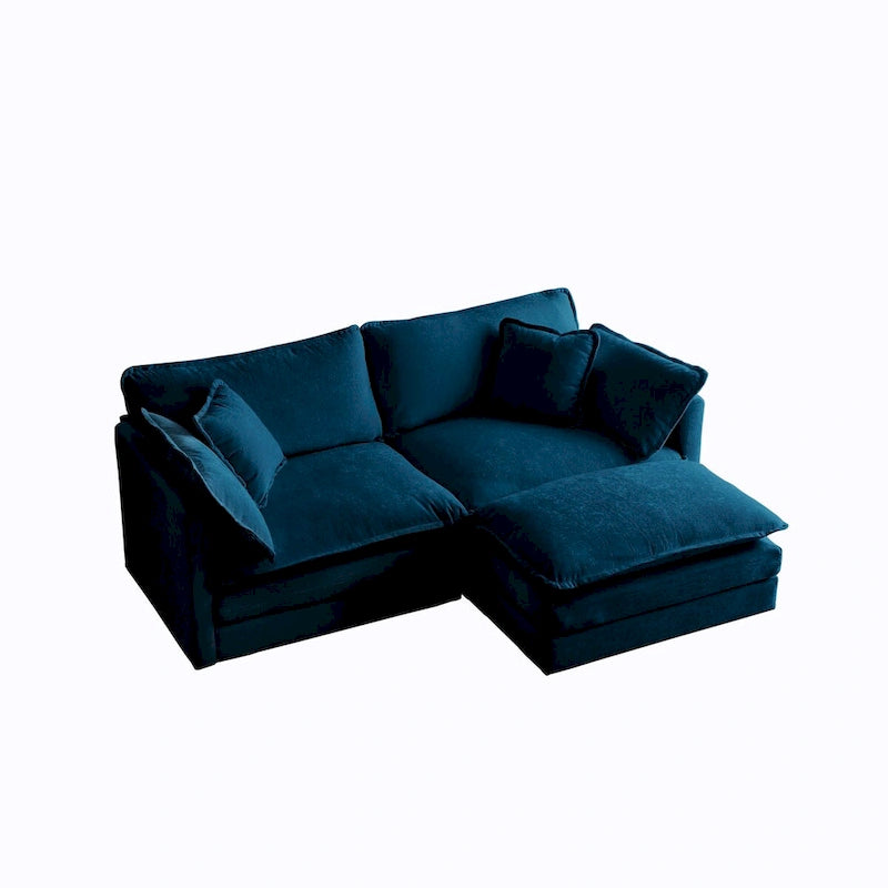 Canapé d'angle deux places en chenille bleue avec pouf, causeuse modulable pour petits espaces de vie