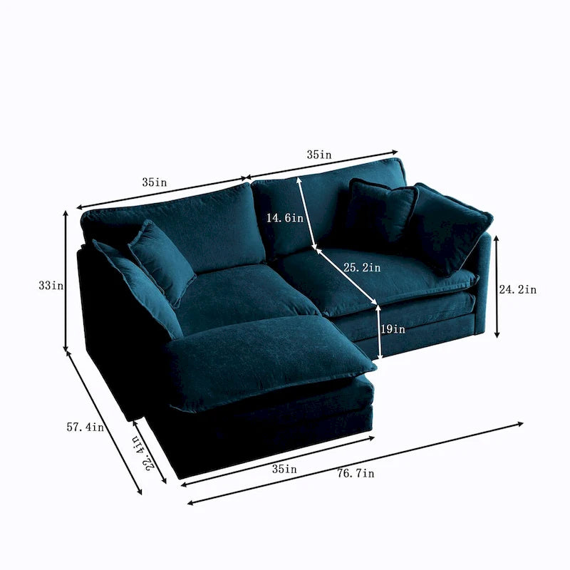 Canapé d'angle deux places en chenille bleue avec pouf, causeuse modulable pour petits espaces de vie