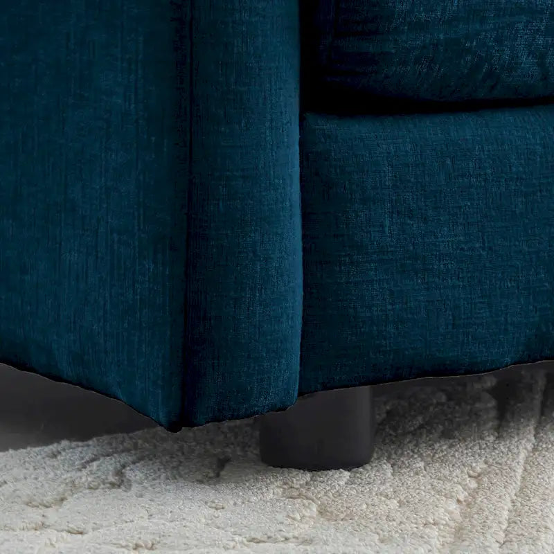 Canapé d'angle deux places en chenille bleue avec pouf, causeuse modulable pour petits espaces de vie