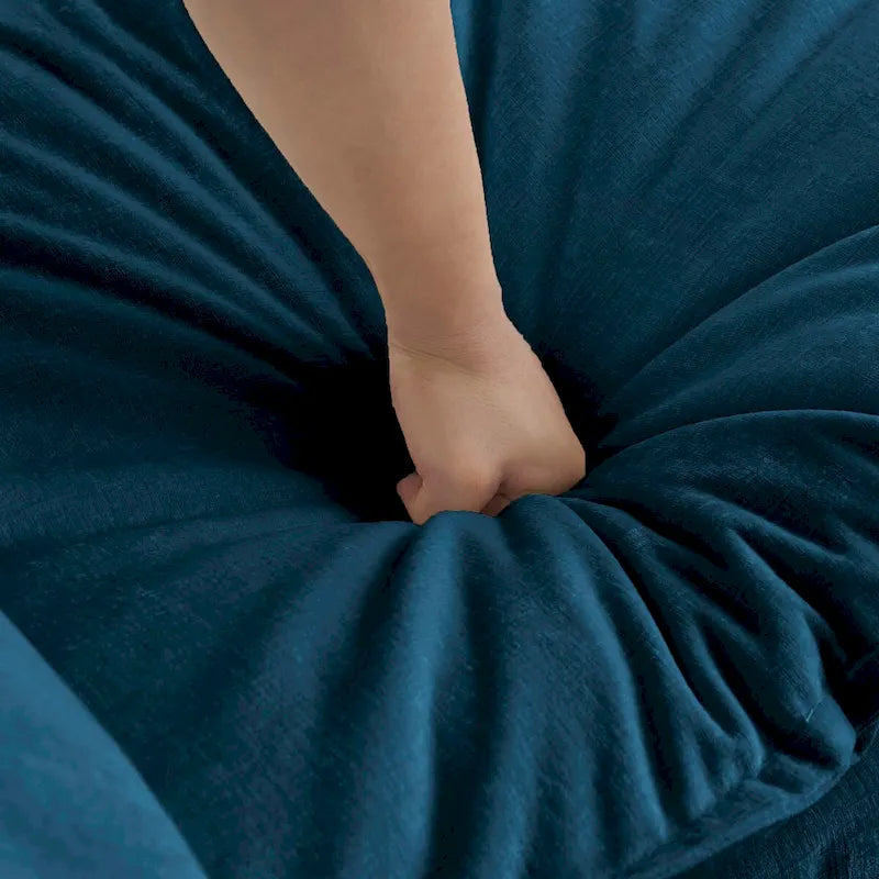 Canapé d'angle deux places en chenille bleue avec pouf, causeuse modulable pour petits espaces de vie