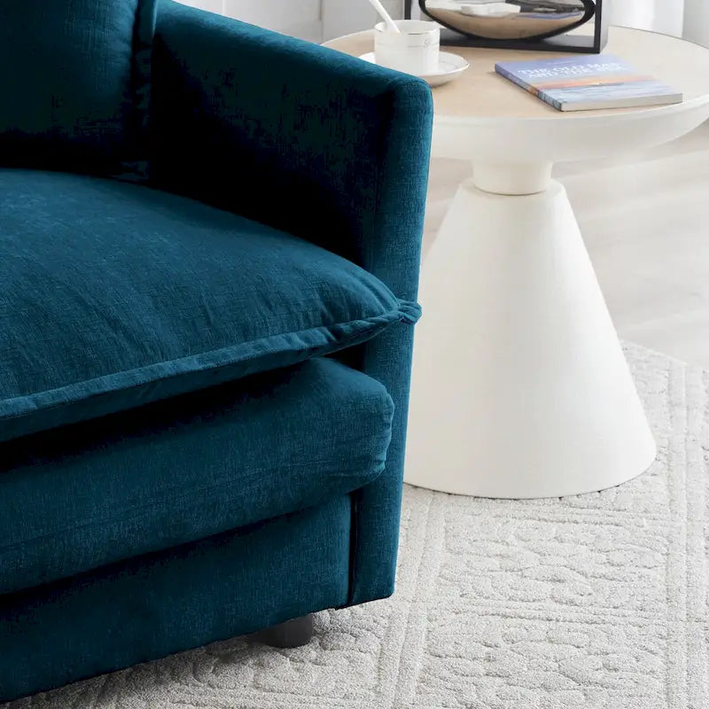 Canapé d'angle deux places en chenille bleue avec pouf, causeuse modulable pour petits espaces de vie