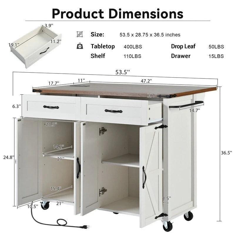 Îlot de cuisine avec prise électrique, îlot de rangement avec plateau rabattable