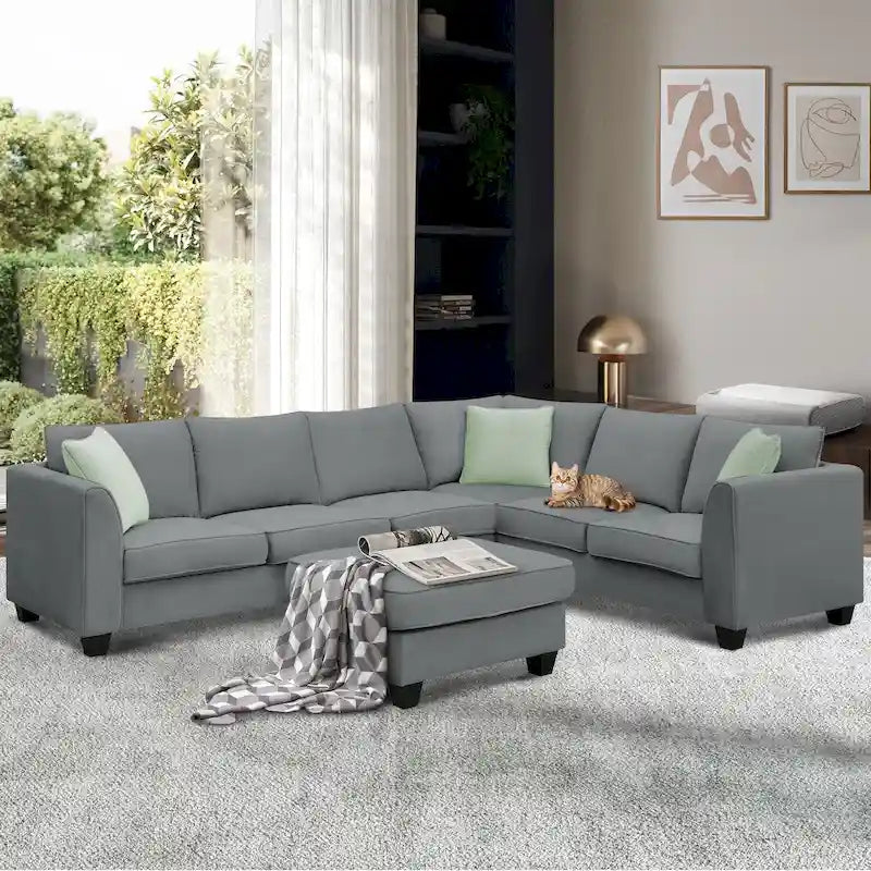Canapé d'angle modulaire 7 places en forme de L avec pouf et 3 coussins