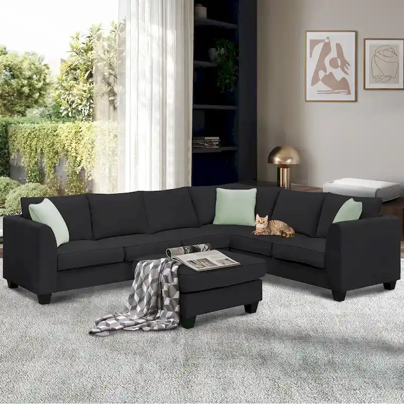 Canapé d'angle modulaire 7 places en forme de L avec pouf et 3 coussins