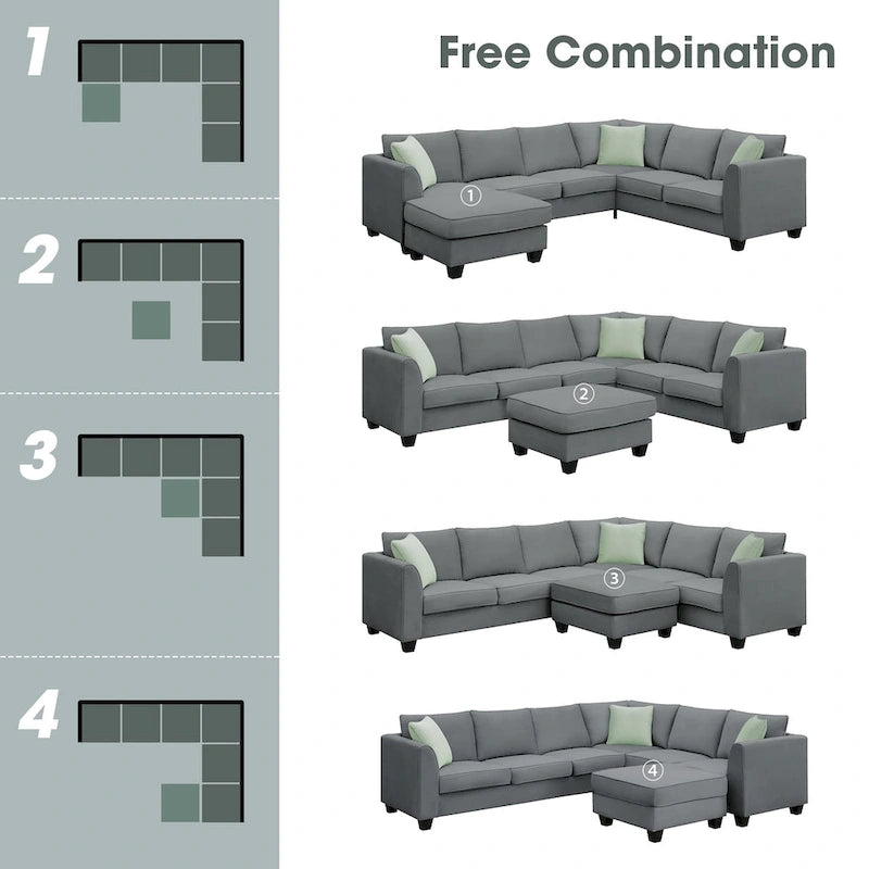 Canapé d'angle modulaire 7 places en forme de L avec pouf et 3 coussins