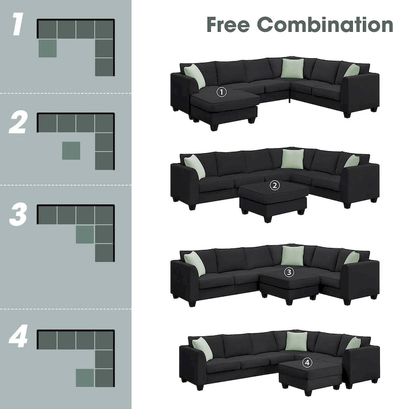 Canapé d'angle modulaire 7 places en forme de L avec pouf et 3 coussins
