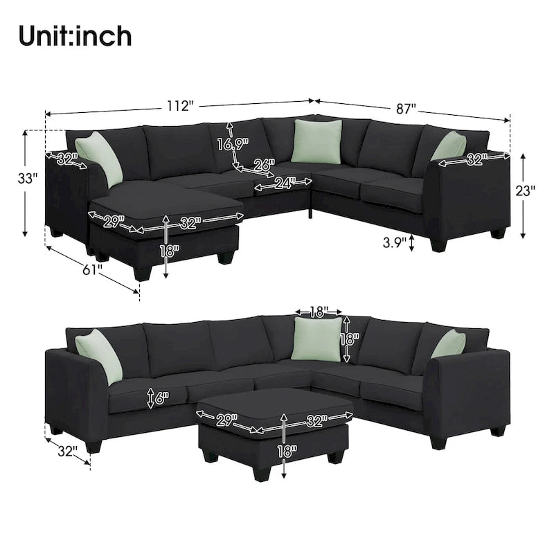 Canapé d'angle modulaire 7 places en forme de L avec pouf et 3 coussins