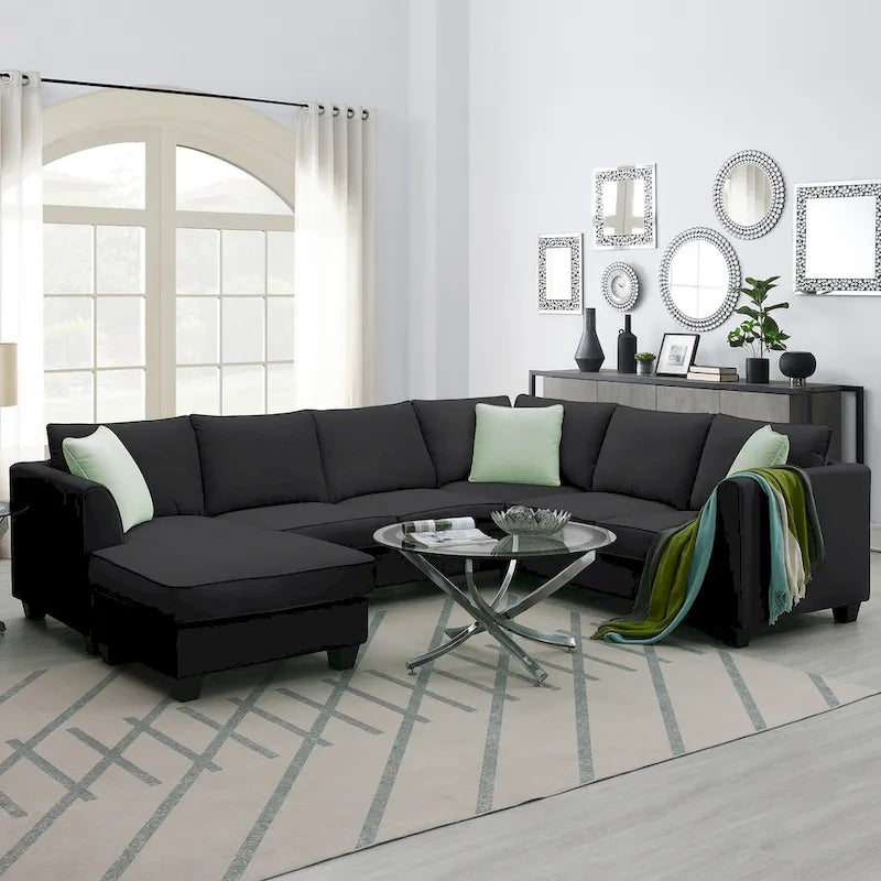 Canapé d'angle modulaire 7 places en forme de L avec pouf et 3 coussins