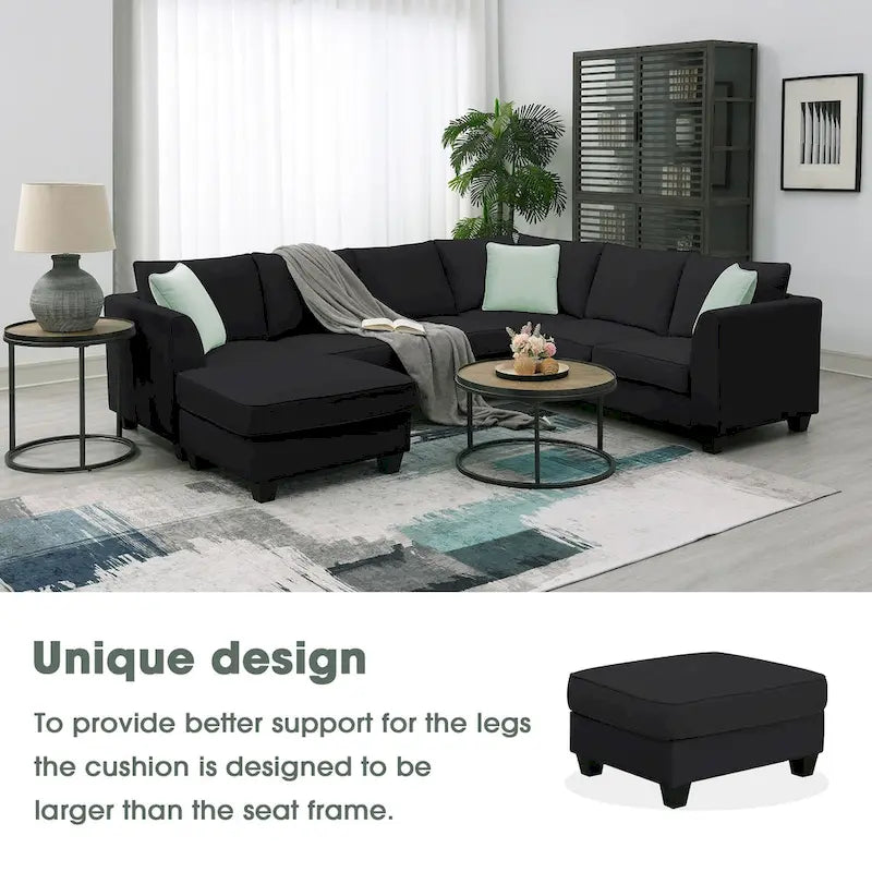 Canapé d'angle modulaire 7 places en forme de L avec pouf et 3 coussins