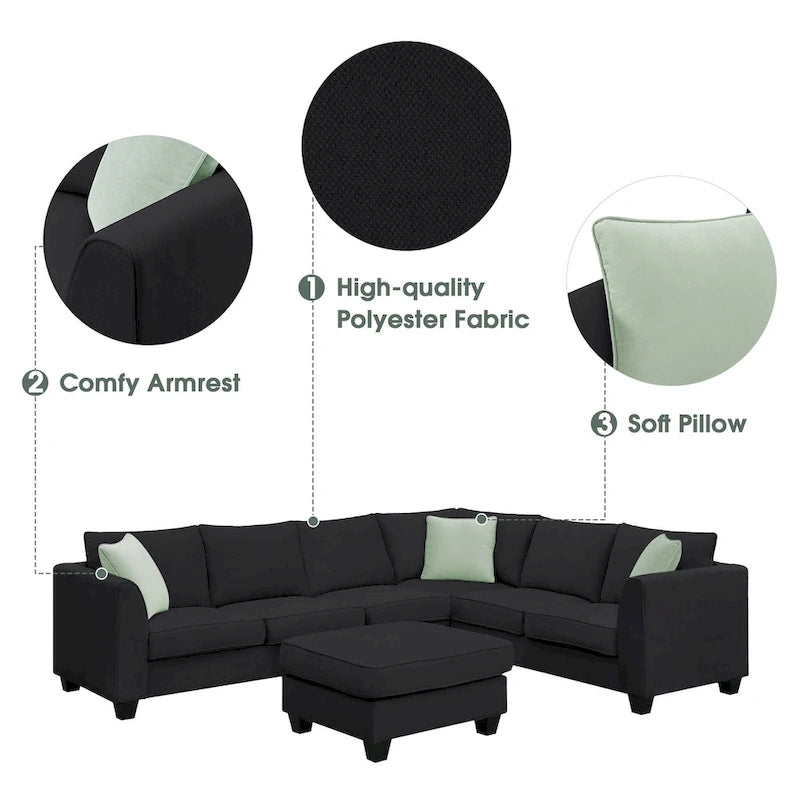 Canapé d'angle modulaire 7 places en forme de L avec pouf et 3 coussins